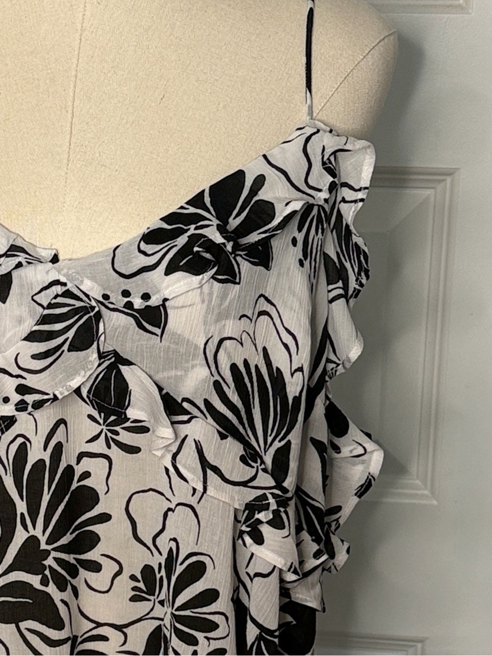 J. Crew Black and White Floral Drapey Ruffle Tank Top